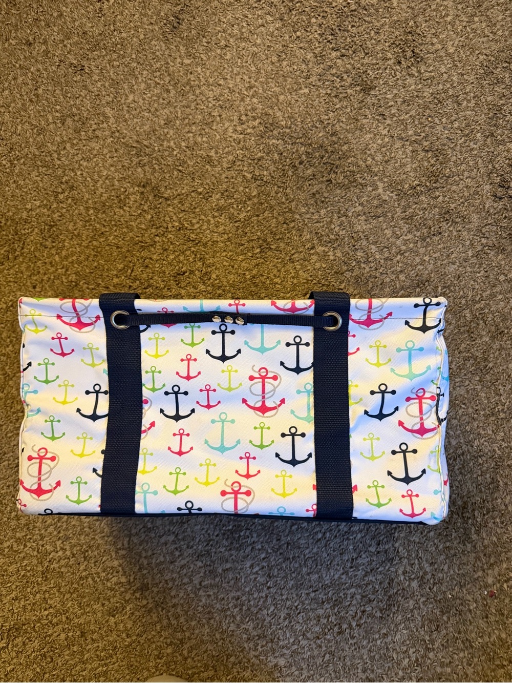 thirty-one White Tote with Multicolor Anchor Print and Navy Handles